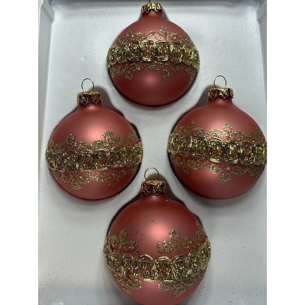 VTG Victoria Collection Christmas Ornaments  4 Pink Glass Gold Glitter